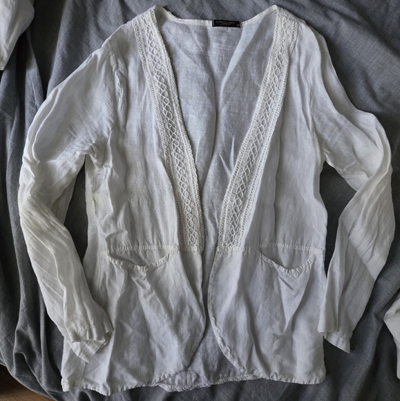 Lungo L'Arno White Linen & Crochet Lace Open Front Cardigan Size M Made In Italy - Picture 1 of 6